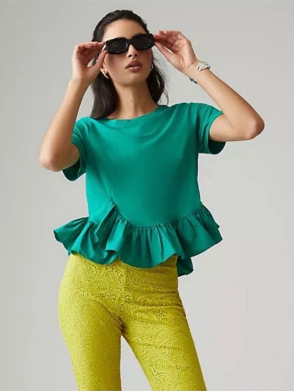 Maeve Green Ruffled Hem Peplum Tee Shirt